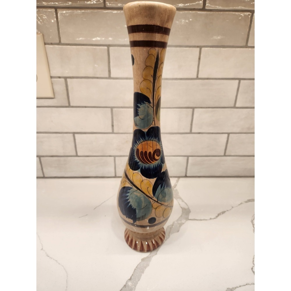 Vtg. Tonala Pottery Vase‎ Hand Painted Mexican Folk Art Flowers Signed 15" Tall